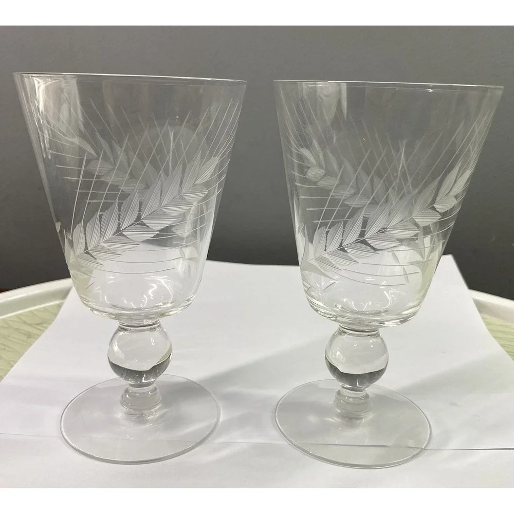 2 Libby Ball Stem Pilsner Drinking Glasses Vtg Etched Glass Wheat Pattern 6